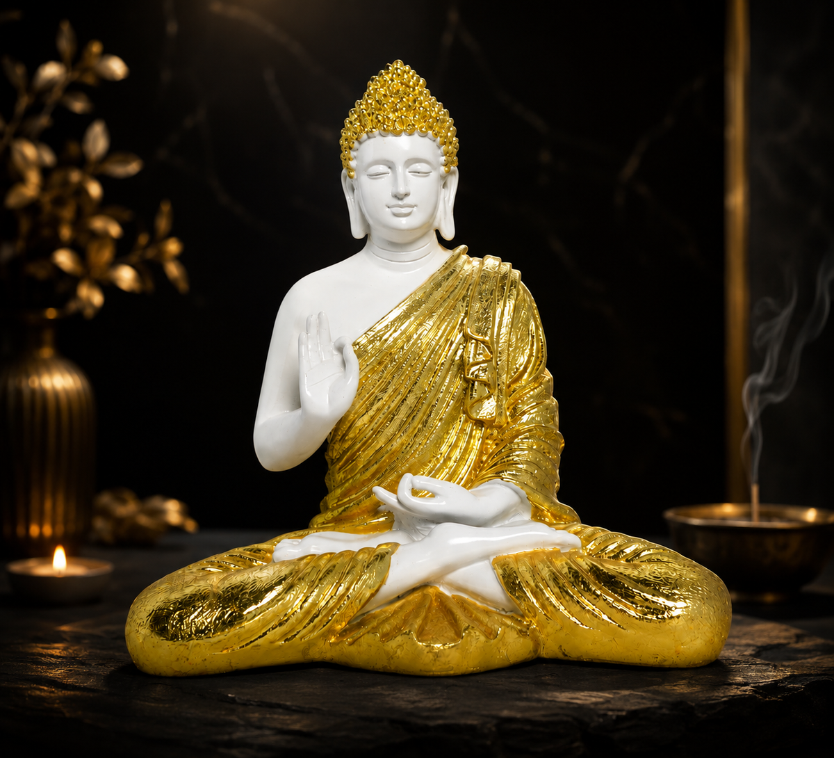 Gautam Buddha Poly Stone &amp; Gold Foil Showpiece