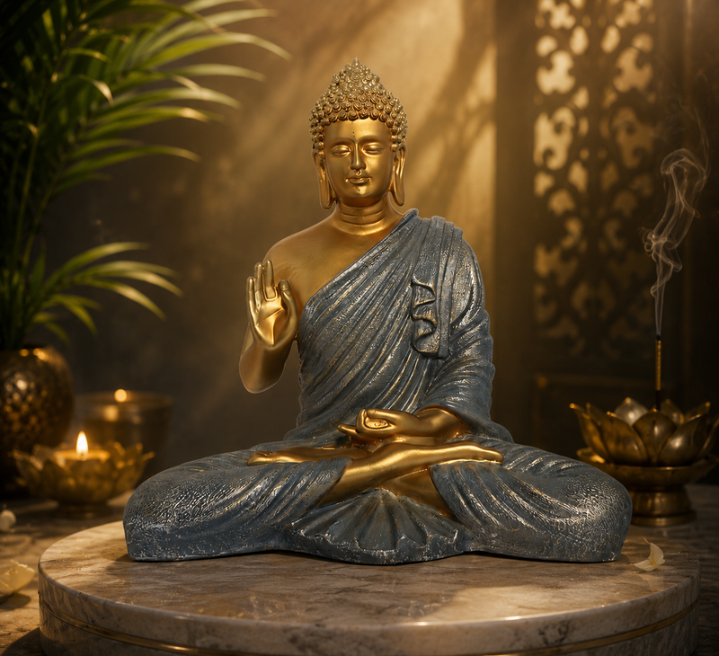 Gautam Buddha Grey &amp; Golden Polyresin Showpiece