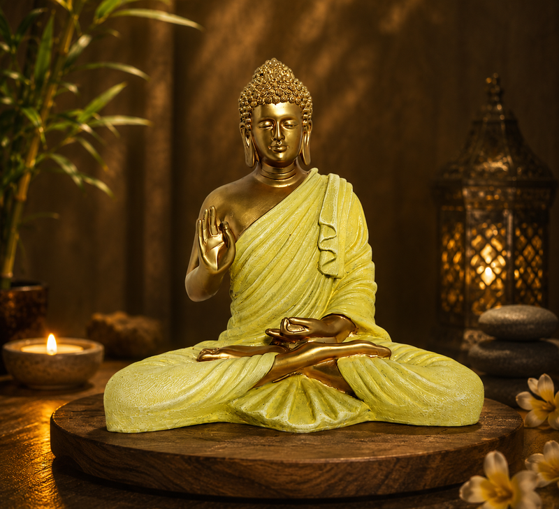 Gautam Buddha Yellow &amp; Golden Polyresin Showpiece