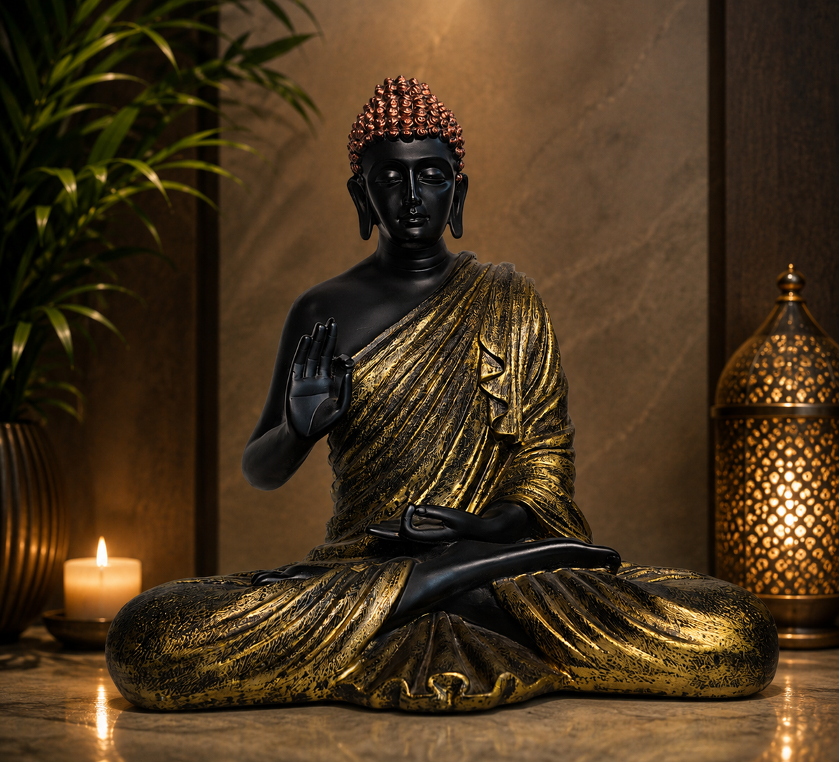 Gautam Buddha Black &amp; Golden Polyresin Showpiece