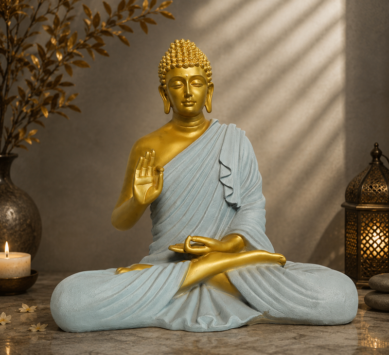 Gautam Buddha Grey &amp; Golden Polyresin Showpiece