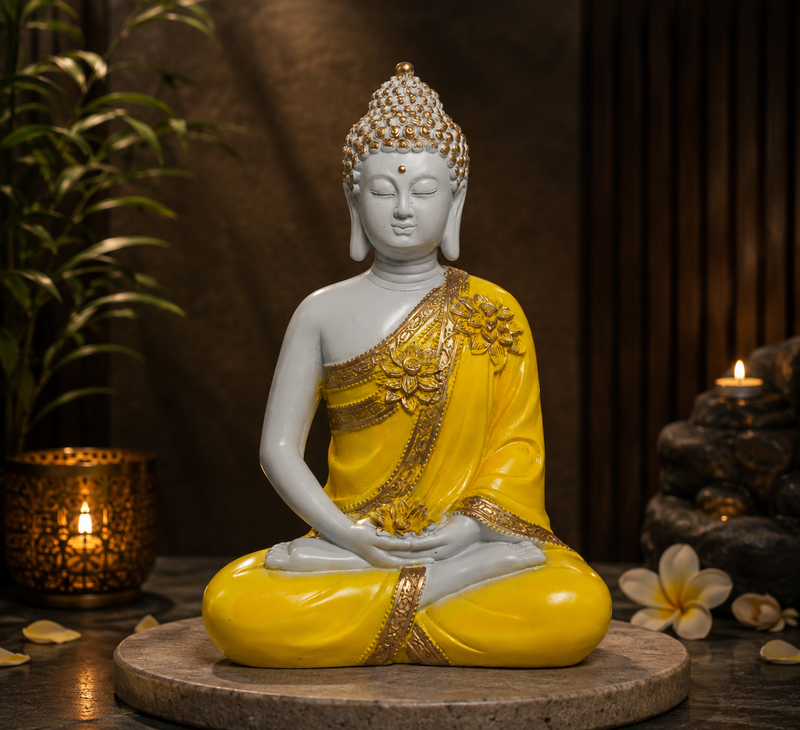 Gautam Buddha Antique Yellow &amp; Grey Polyresin Showpiece