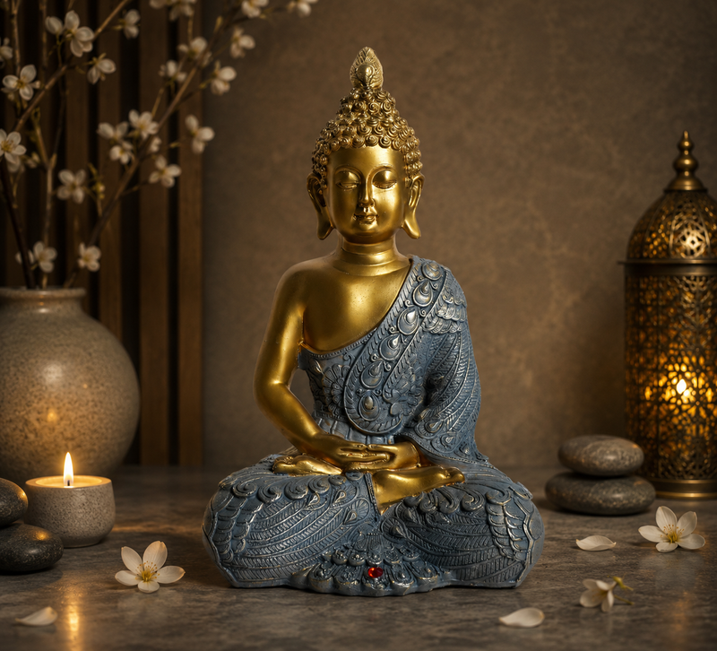 Gautam Buddha Antique Grey &amp; Golden Polyresin Showpiece
