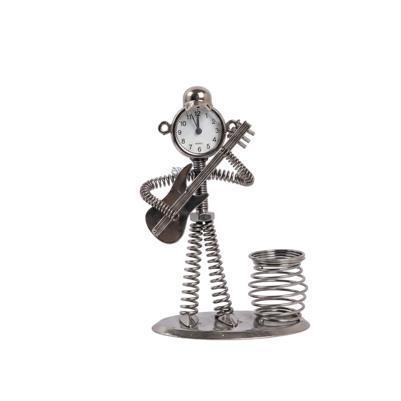 Metal Guitar Player Pen Holder with Mini Clock