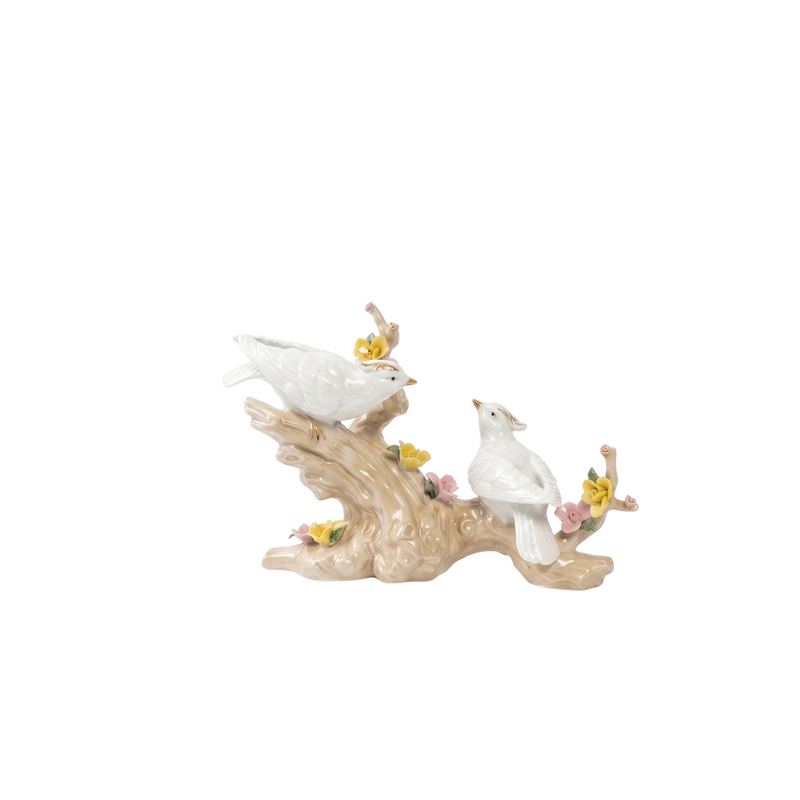 Porcelain Love Birds Statue with Floral Branch Accent